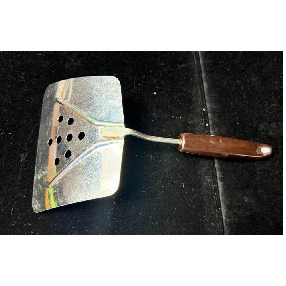 Vintage Stainless Steel Perforated Spatula Brown Bakelite Handle Kitchen Tool